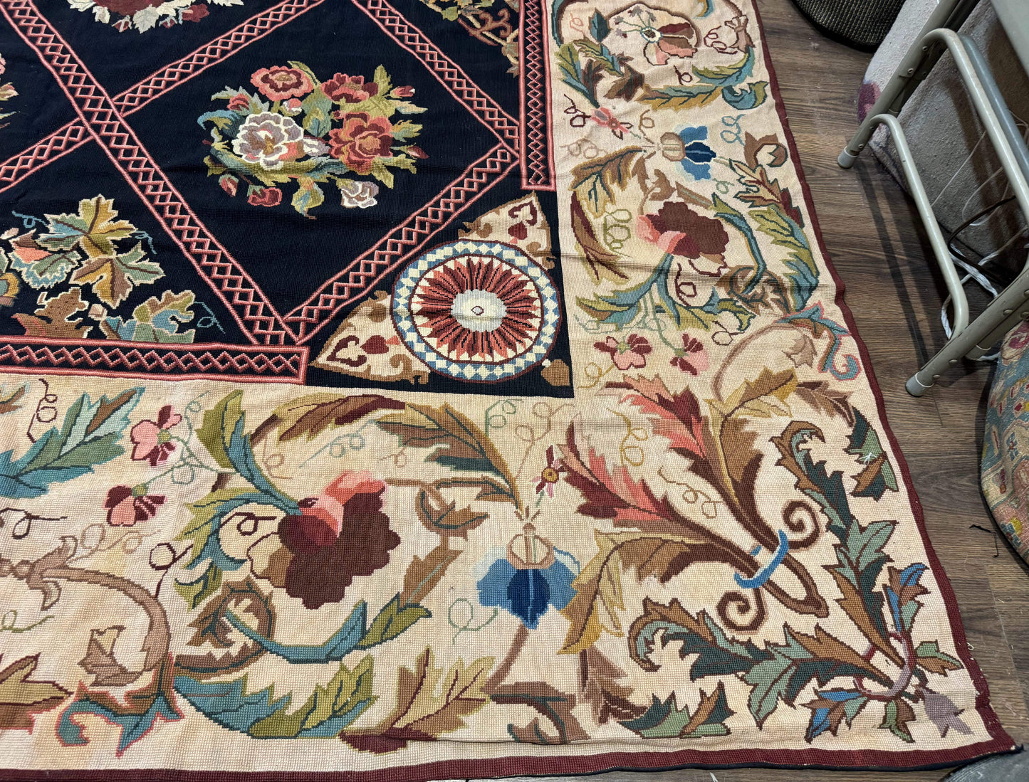 Palace Size Needlepoint Rug 12x20, European French English Aubusson Floral Design, Black and Beige - Nuvé
