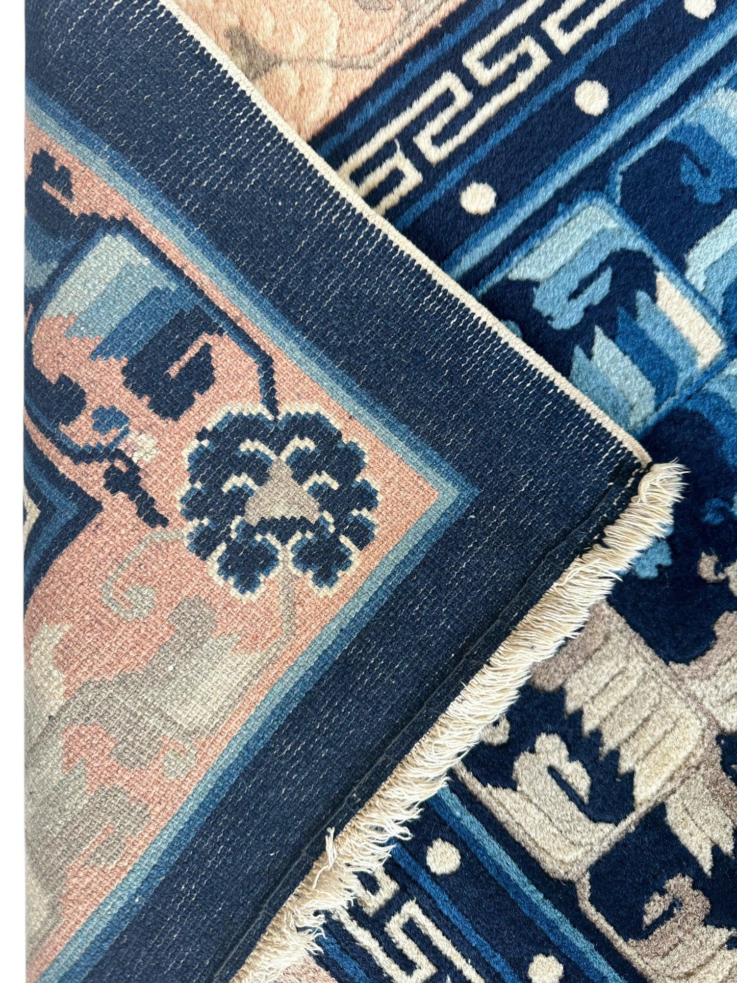 Hand-Knotted Antique Chinese Peking Wool Rug – 5’6” x 7’6” – Full Pile Navy and Cream Design - Nuvé