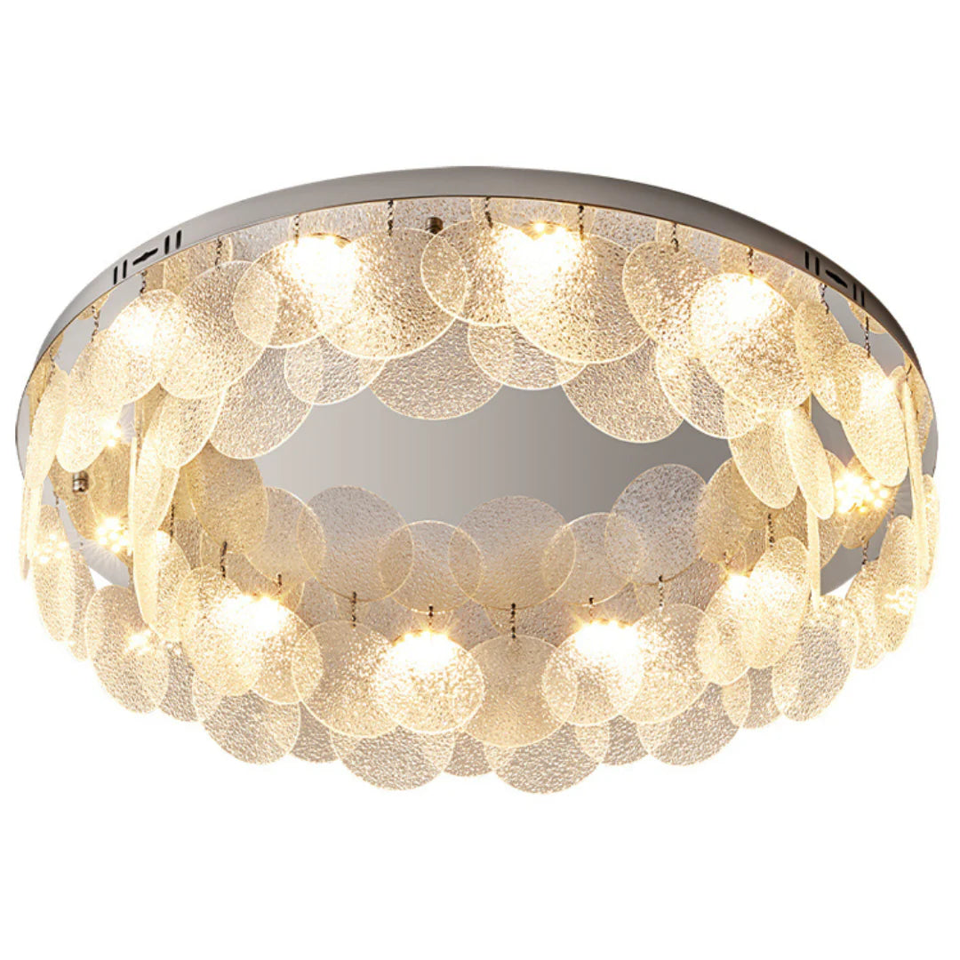 Korewolamp Casper Disc glass ceiling lamp hanging from the ceiling, modern design with a round glass shade and sleek finish