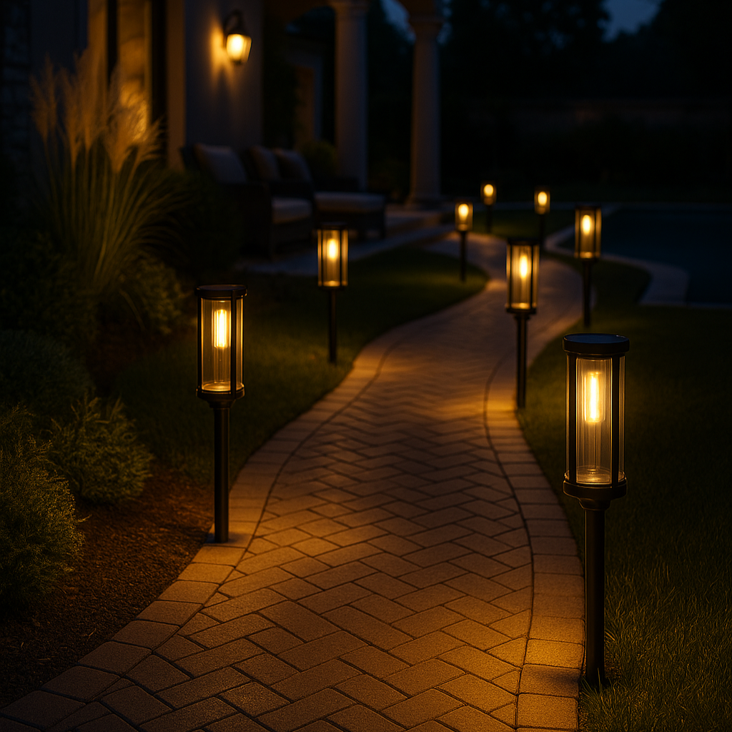 Pathway illuminated by solar lights at night in a garden setting.