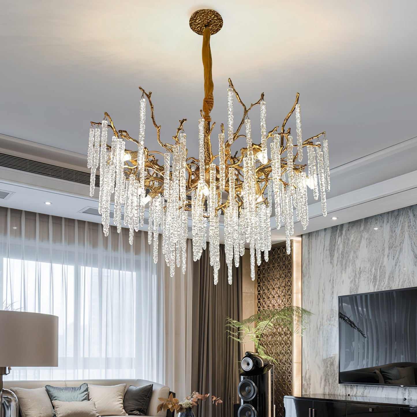 Crystal Icicles Branch Brass Chandelier - Nuvé