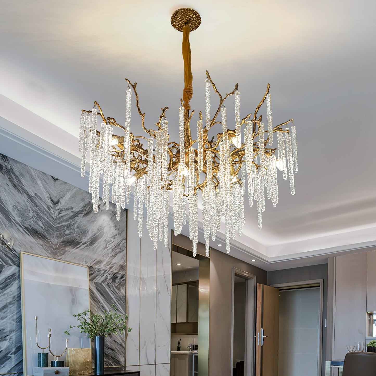 Crystal Icicles Branch Brass Chandelier - Nuvé
