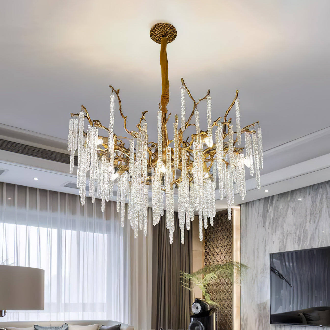 Crystal Icicles Branch Brass Chandelier - Nuvé