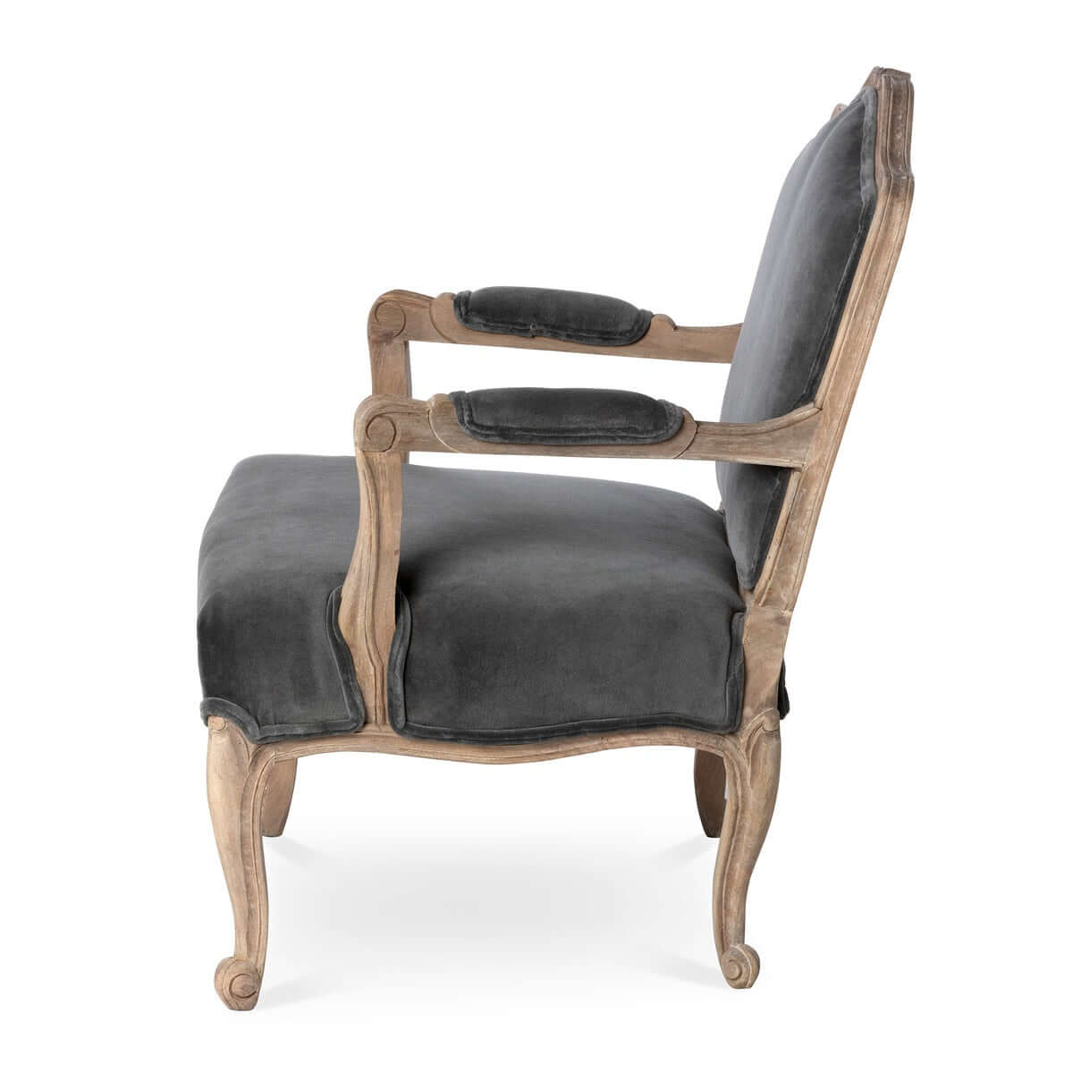 French Country Velvet Armchair with Carved Wood Frame - Nuvé