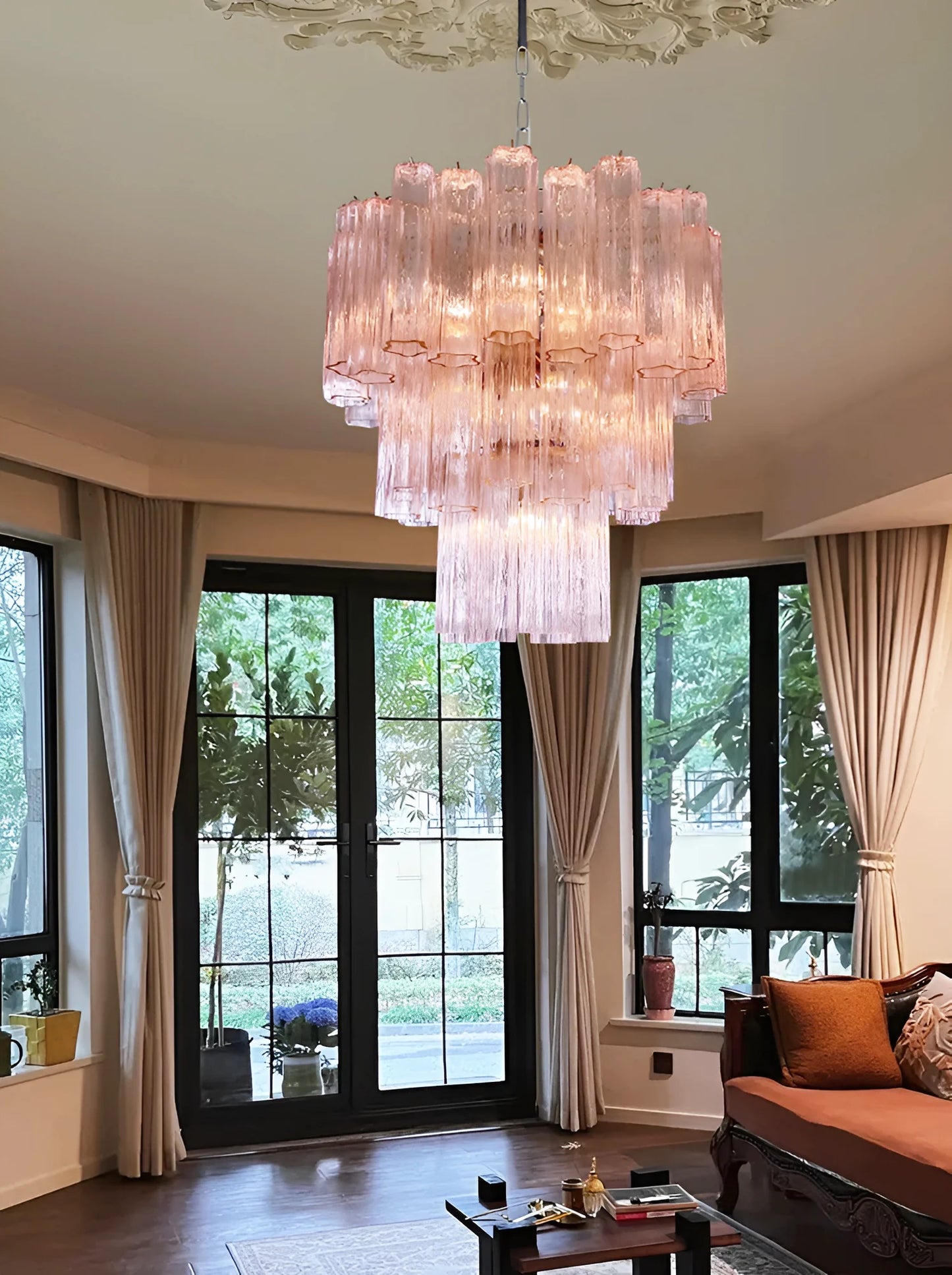 Elegant Pink Murano Glass Tube Chandelier - Nuvé
