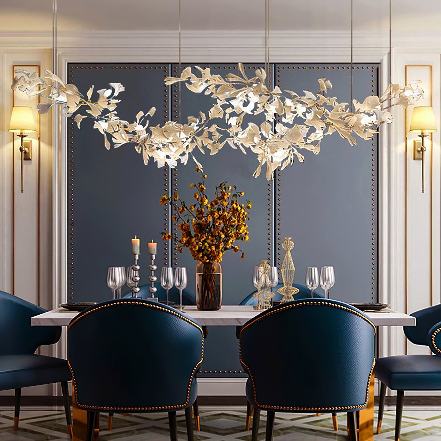 Korewolamp Gingko Ceramic Chandelier hanging fixture with leaf-shaped design and warm lighting, modern and elegant interior lighting.