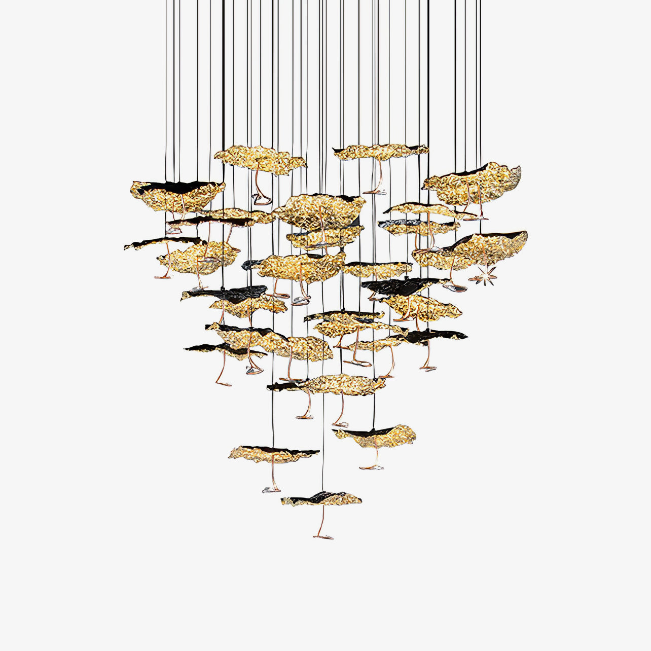 Gold brass aviary constellation chandelier with moon design by korewolamp, featuring intricate star and celestial shapes.