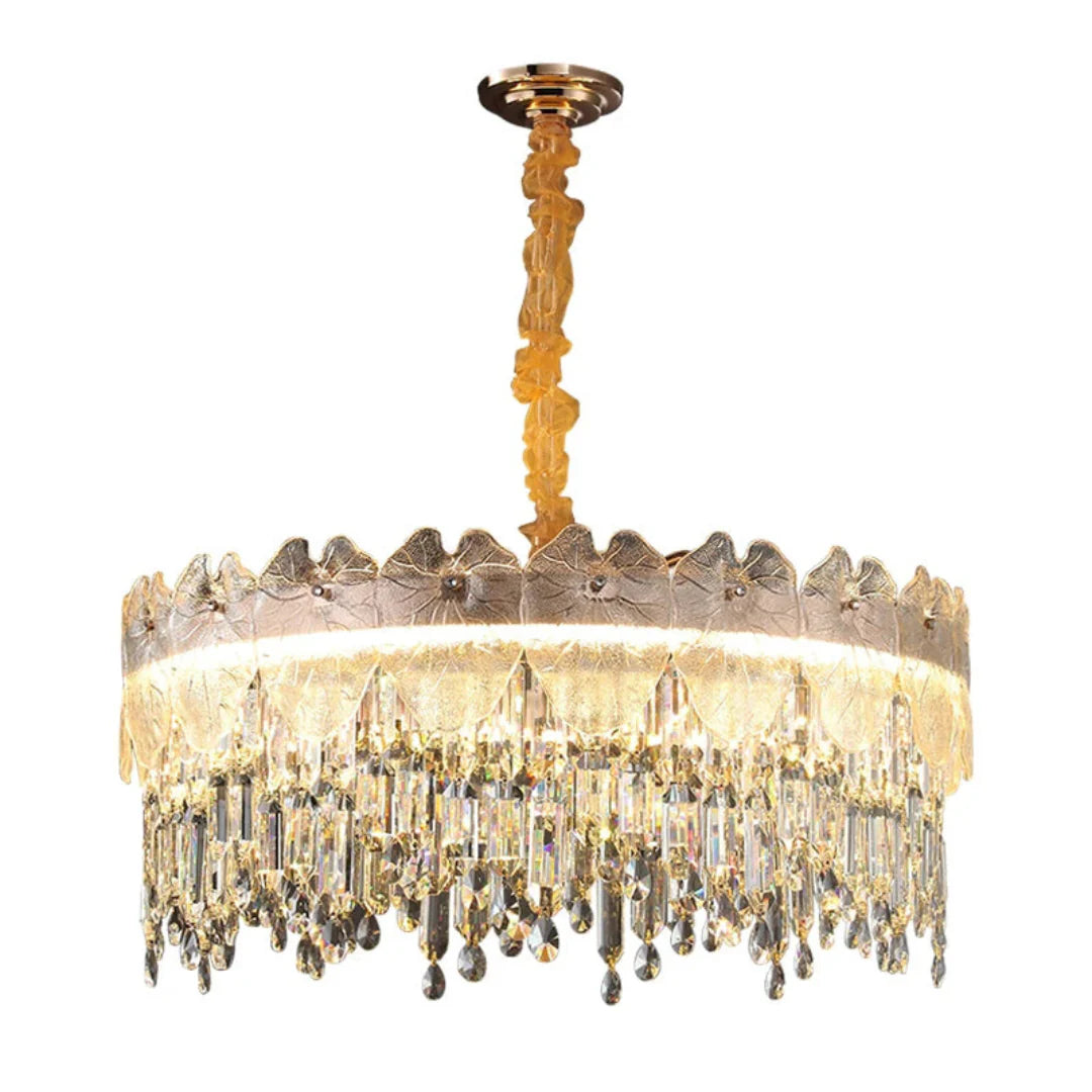 Golden Lotus Leaf Round Crystal Chandelier - Nuvé