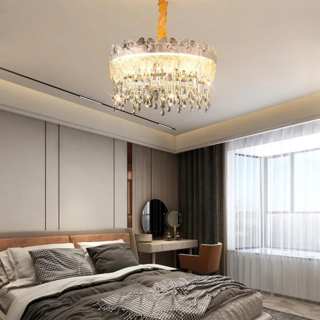 Golden Lotus Leaf Round Crystal Chandelier - Nuvé