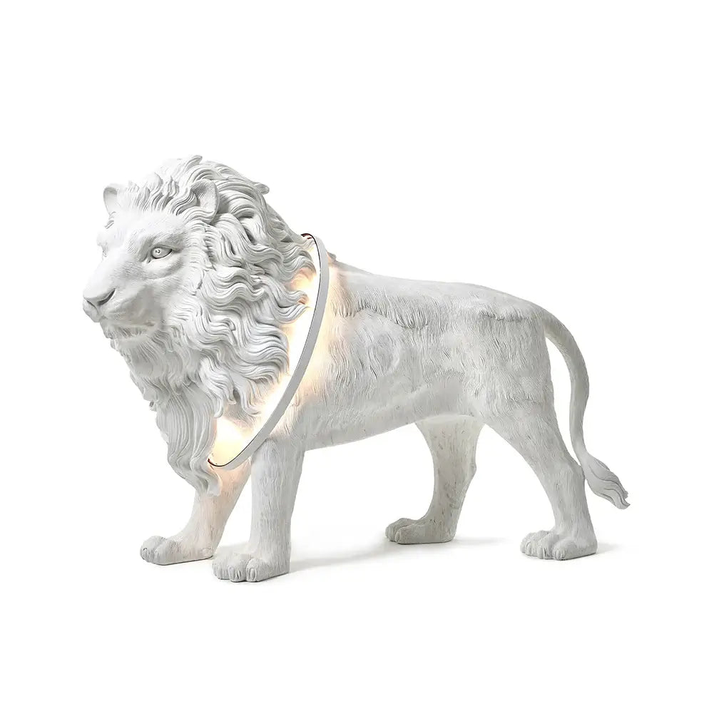 Korewolamp lion statue floor lamp with a detailed lion figure and a sleek base, providing ambient lighting in a stylish setting.