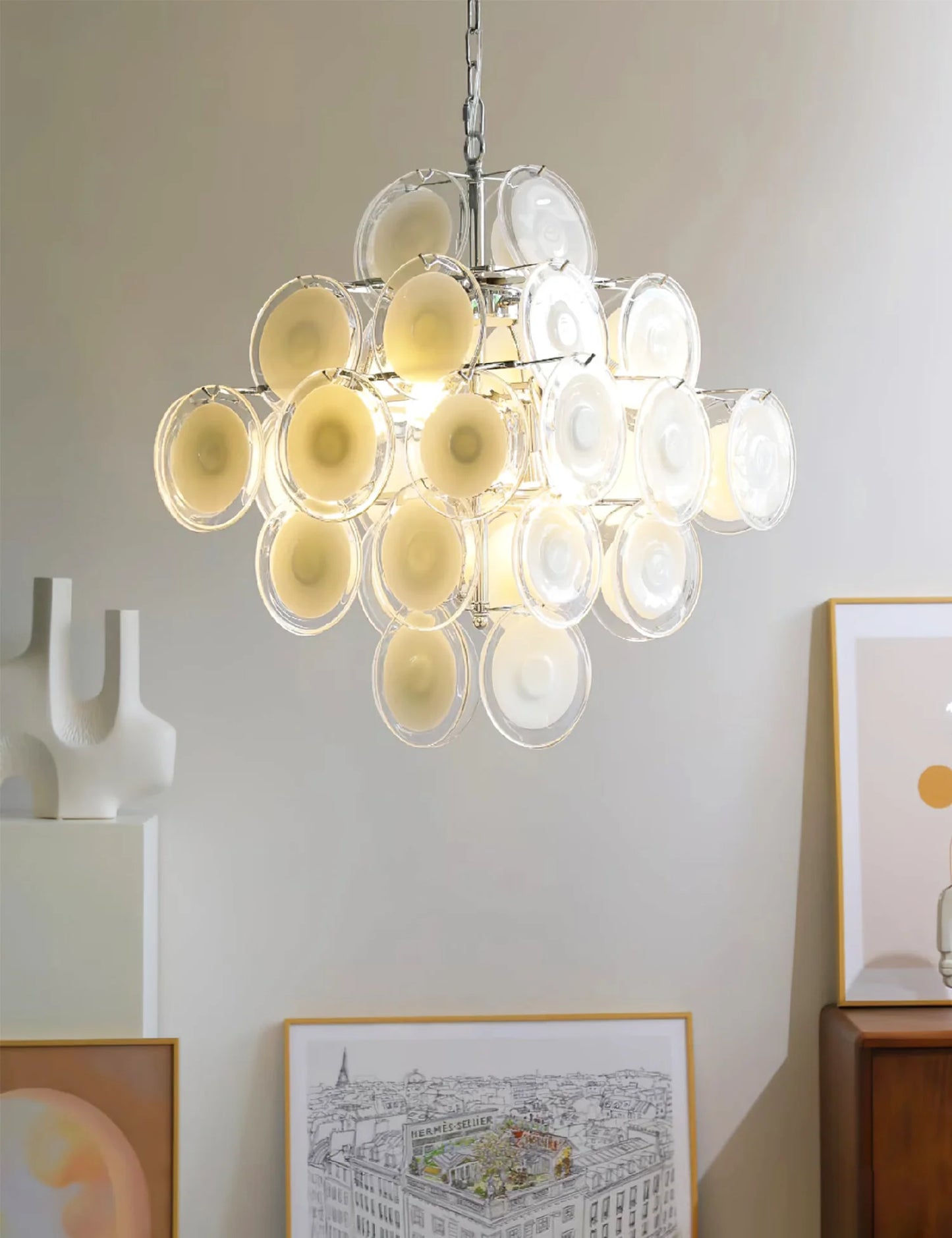 Murano Disc White Clear Glass Chandelier - Nuvé