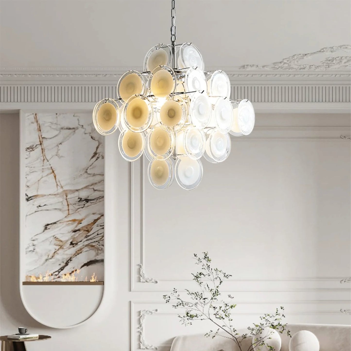 Murano Disc White Clear Glass Chandelier - Nuvé