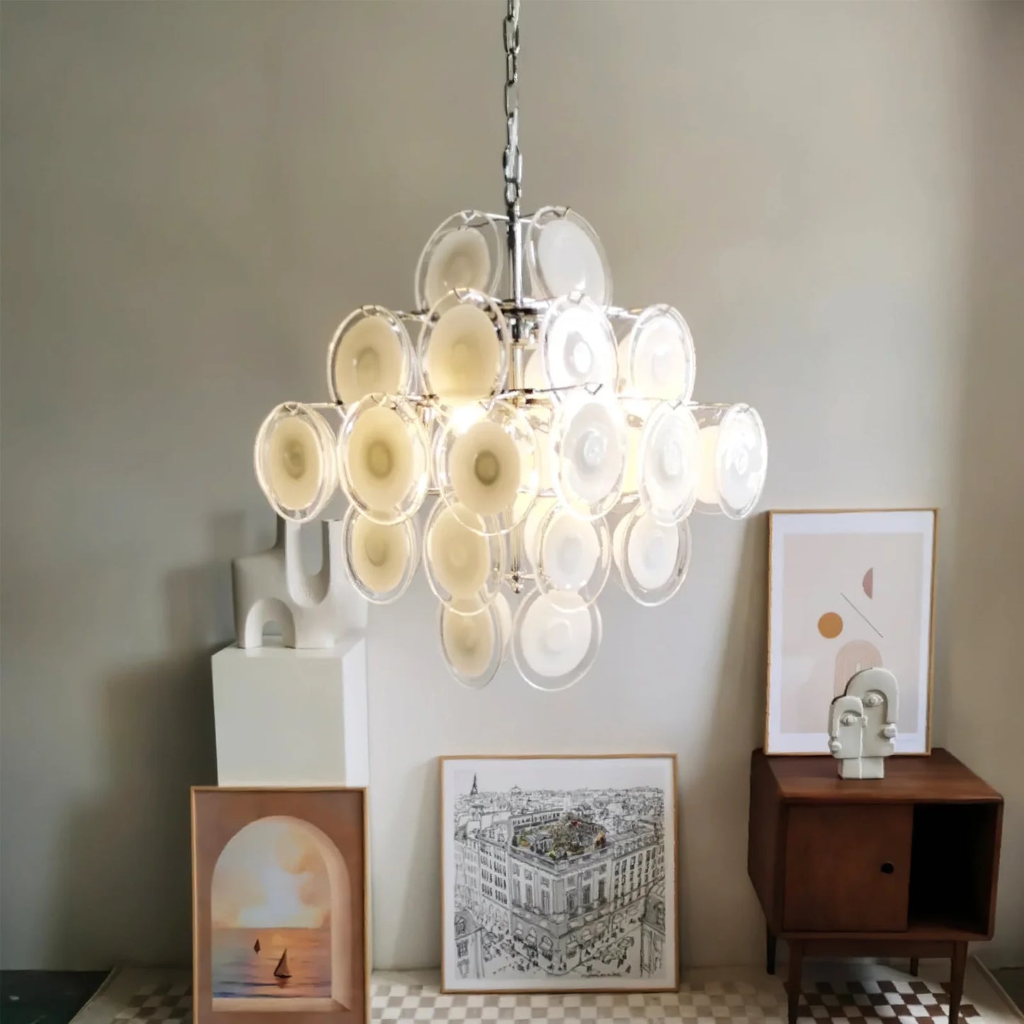 Murano Disc White Clear Glass Chandelier - Nuvé