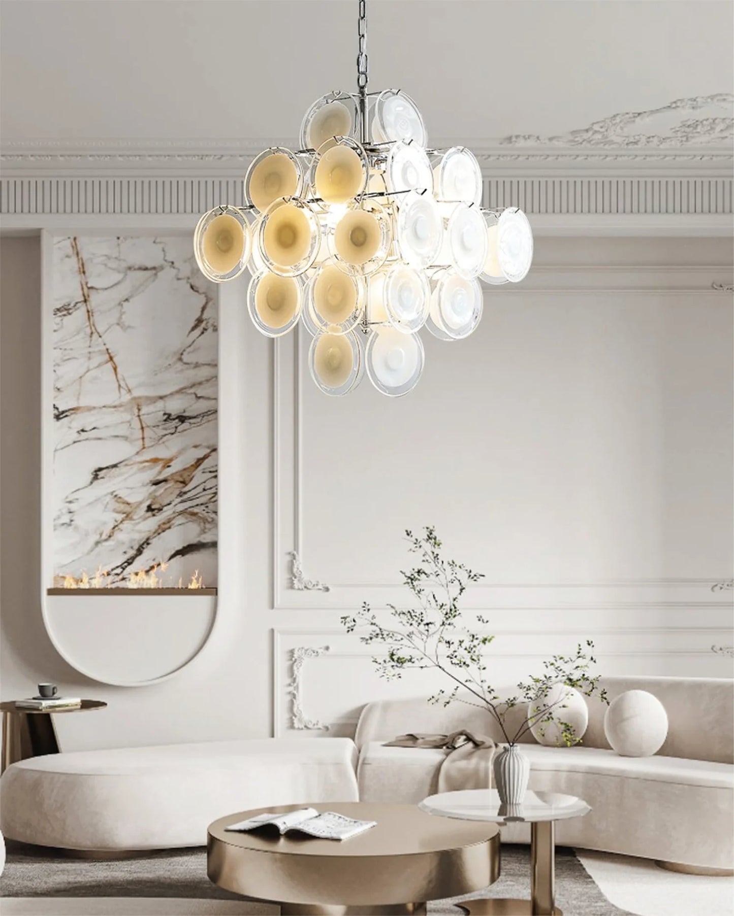 Murano Disc White Clear Glass Chandelier - Nuvé