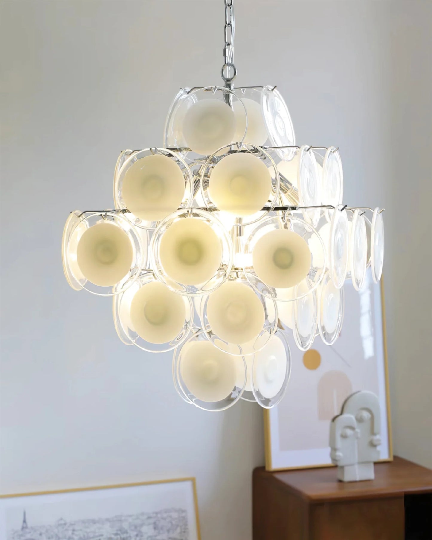 Murano Disc White Clear Glass Chandelier - Nuvé