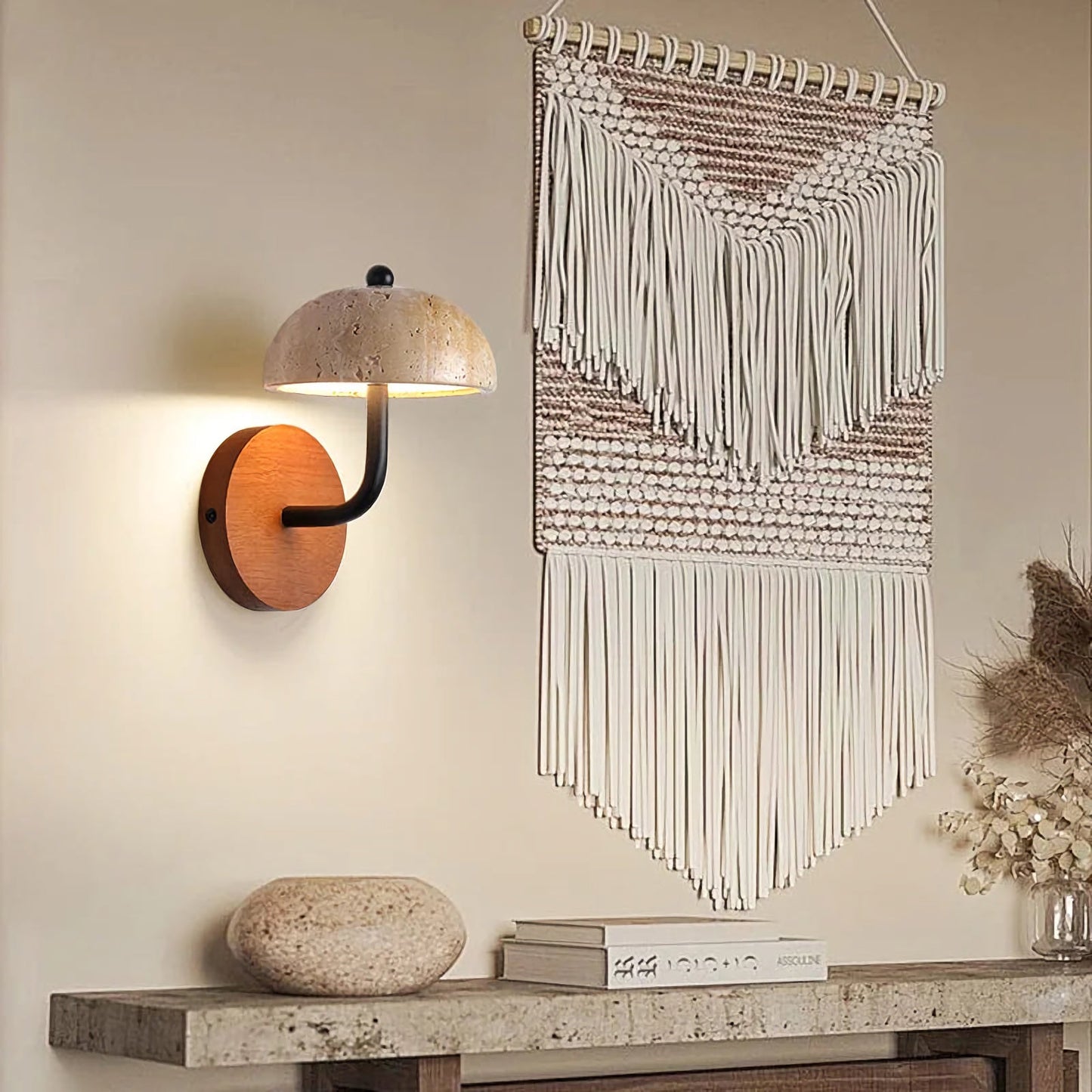 Natural stone mushroom wall lamp by Korewolamp, showcasing the textured stone design and integrated LED light for indoor decor.