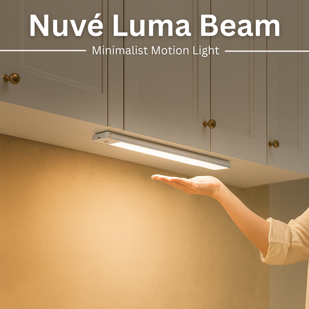 Nuve Luma Beam minimalist motion light under a kitchen cabinet with a hand testing the light.