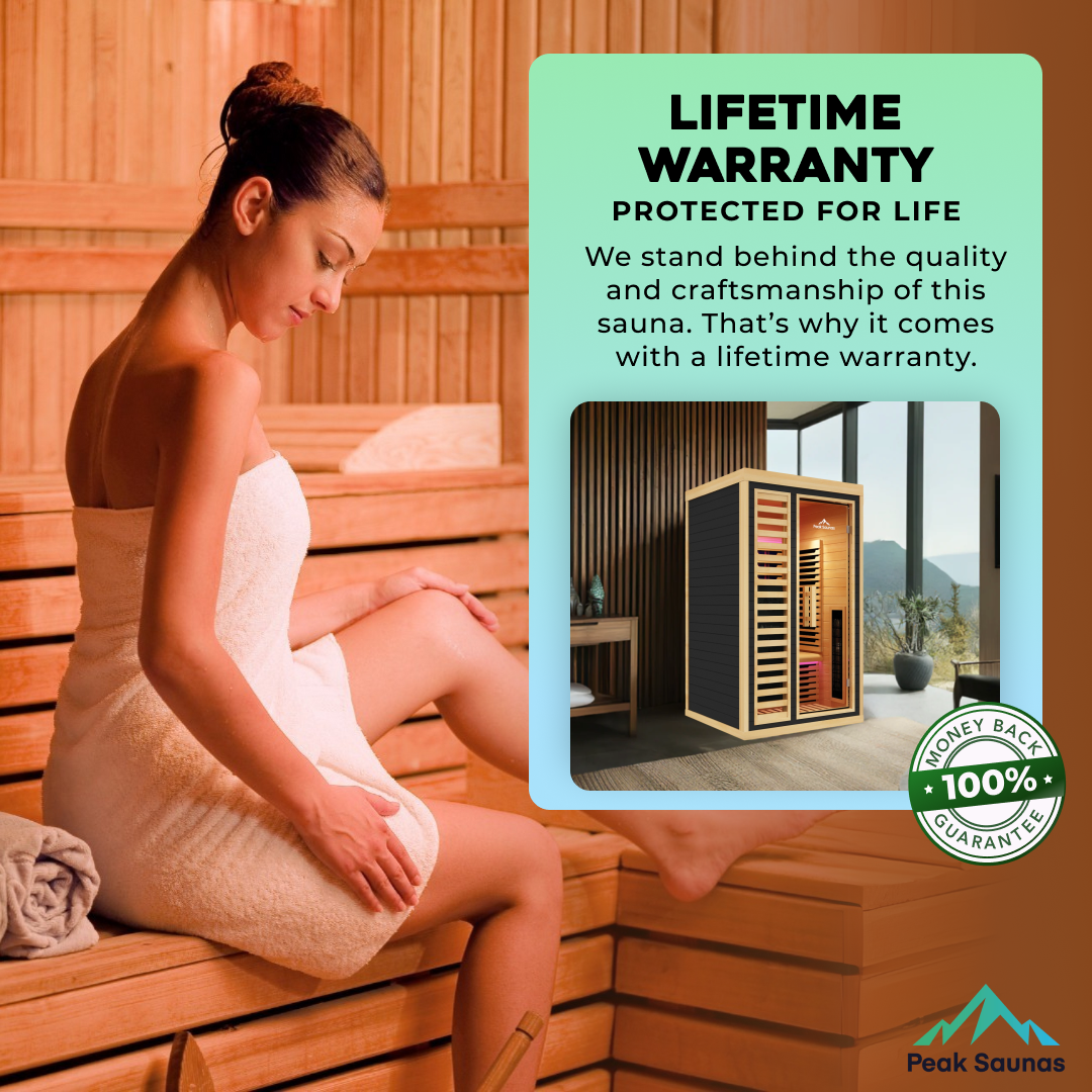 Peak Saunas Shasta 1-Person Full Spectrum Infrared Sauna with XL Medical-Grade Red Light Therapy & Smart WiFi App Control - Nuvé