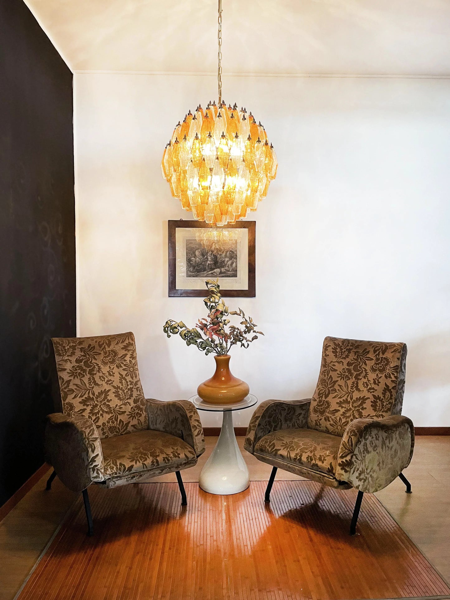 Spherical Murano Poliedri Amber Transparent Glass Chandelier - Nuvé