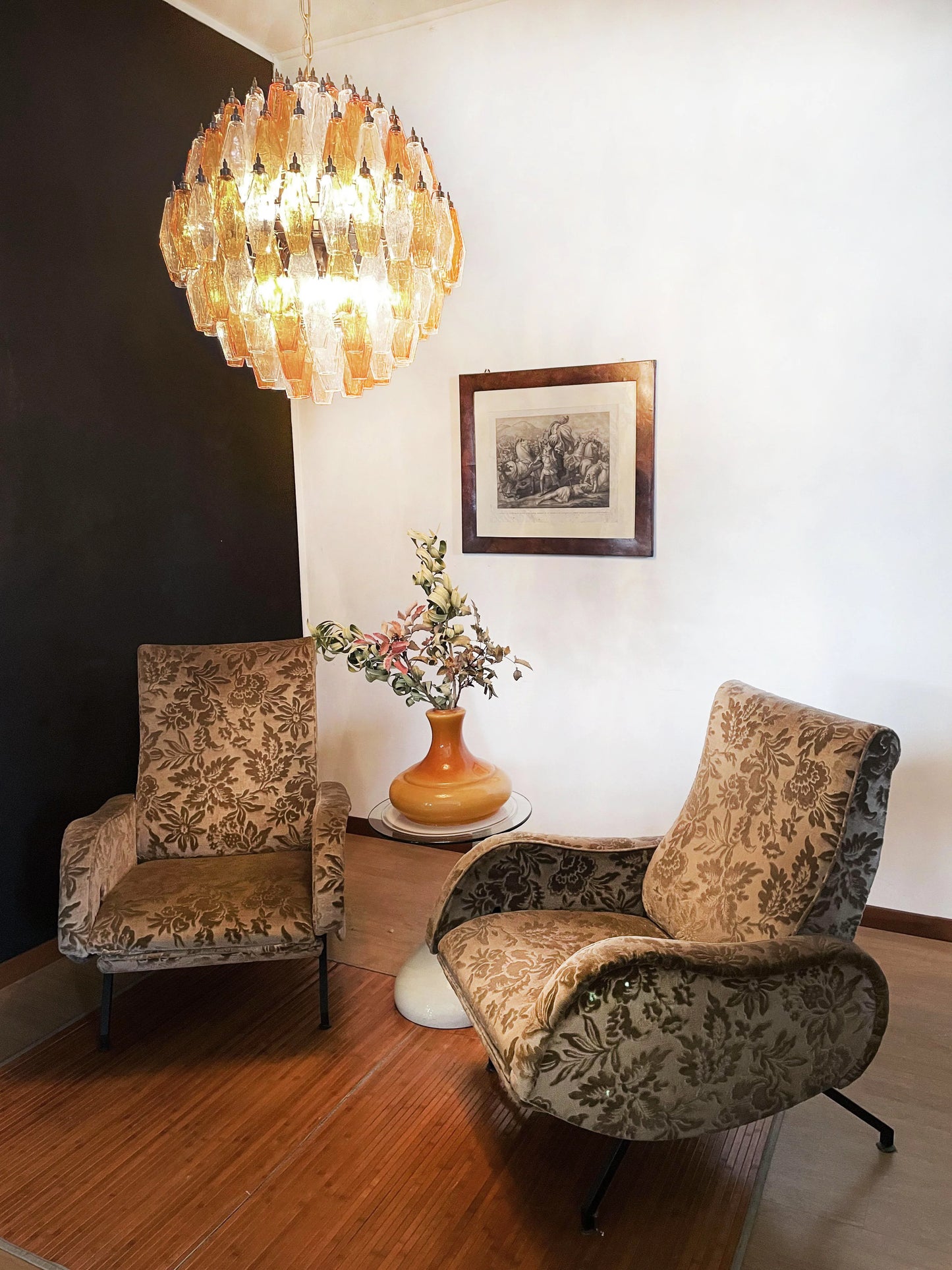 Spherical Murano Poliedri Amber Transparent Glass Chandelier - Nuvé