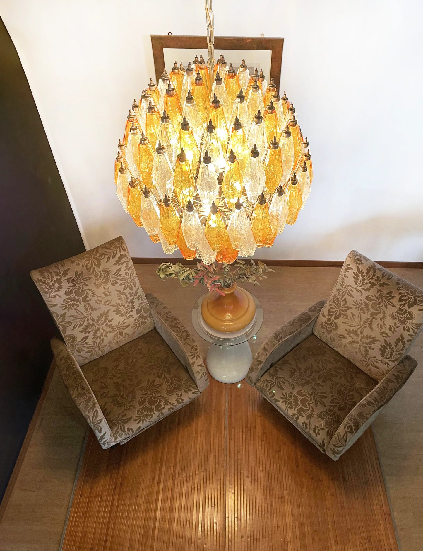 Spherical Murano Poliedri Amber Transparent Glass Chandelier - Nuvé