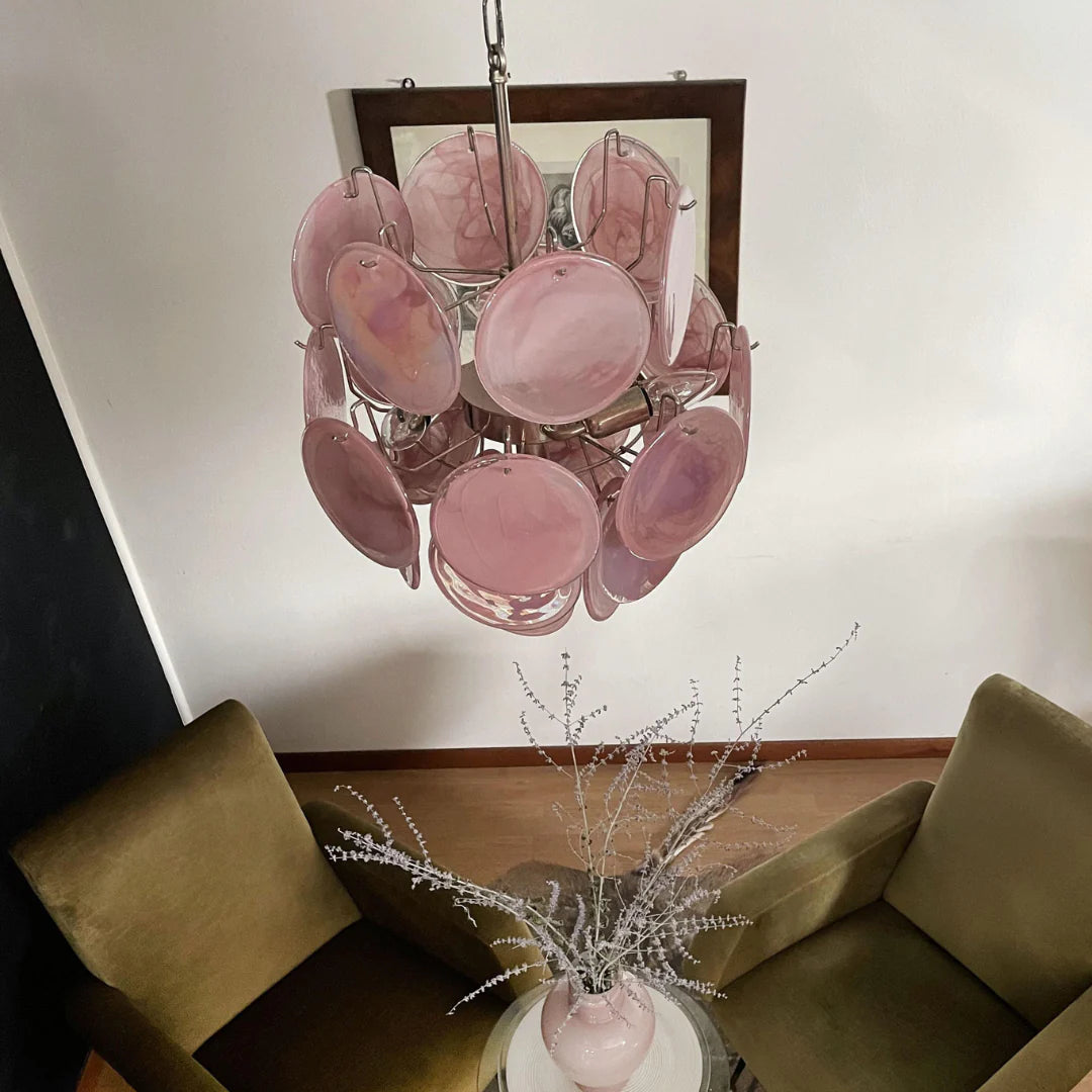 Vintage Murano Pink Glass Disks Chandelier - Nuvé