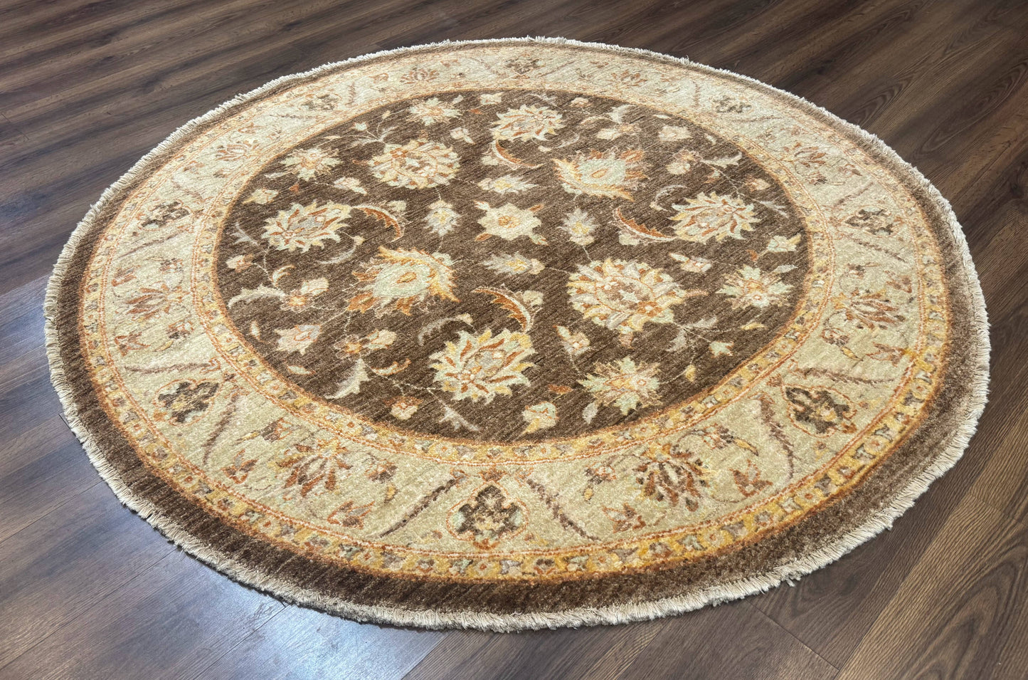 Round Pakistani Rug 6x6, Brown and Beige, Floral, Peshawar Rug, Traditional - Nuvé