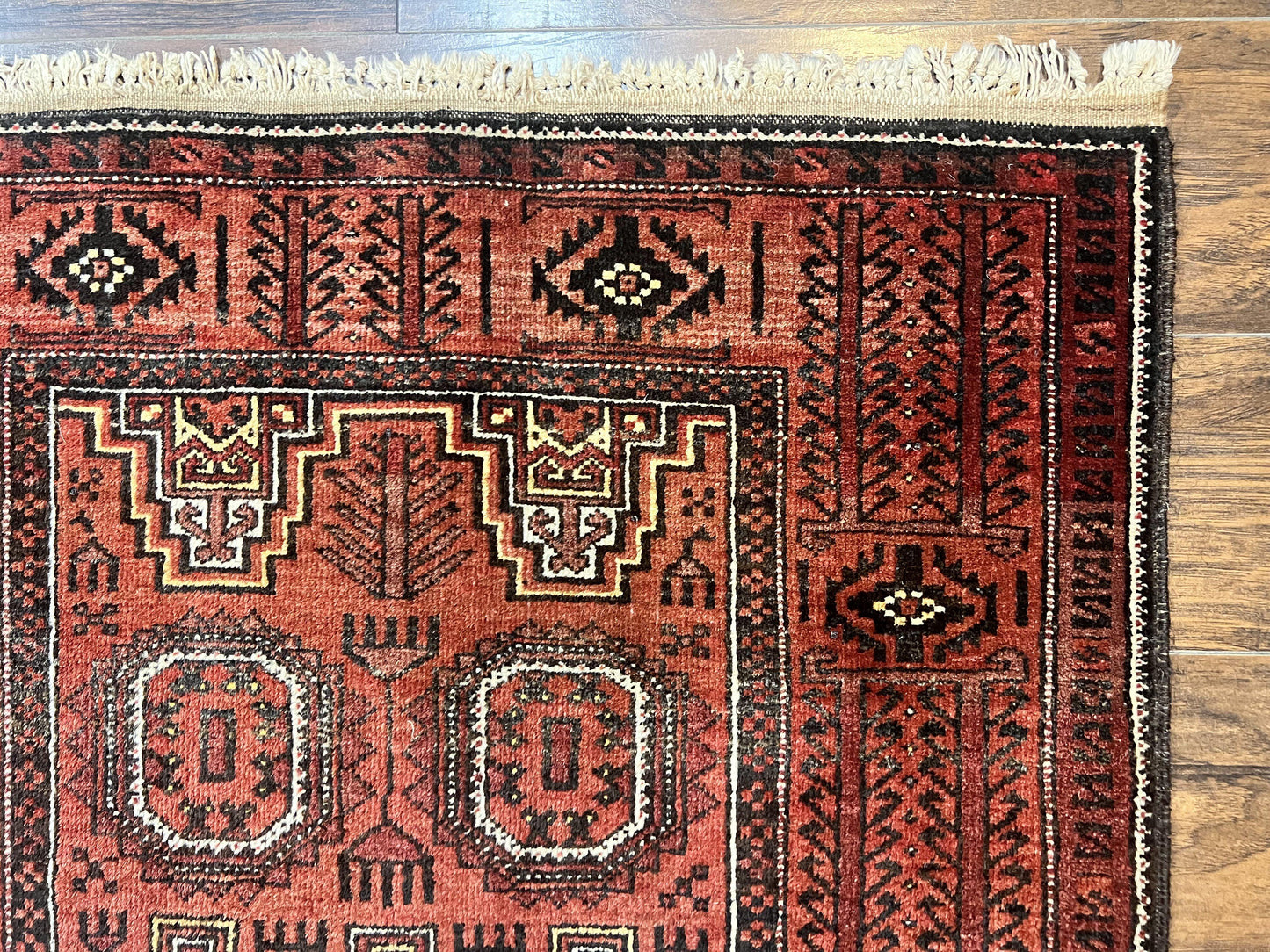 Antique Persian Turkoman Rug 3x6, Wool Tribal Handmade Carpet, Red and Black - Nuvé