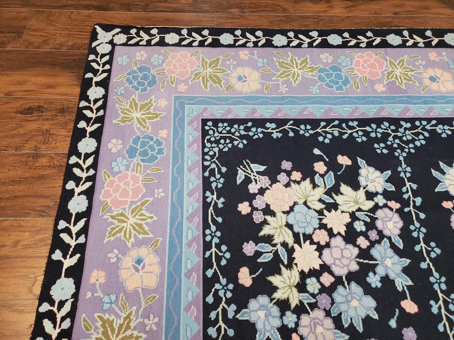 Chinese Needlepoint Rug 8 x 11.4, Hand-Woven Area Carpet, Flatweave Rug, Black Blue Light Violet Floral Garden European Design Wool Aubusson - Nuvé
