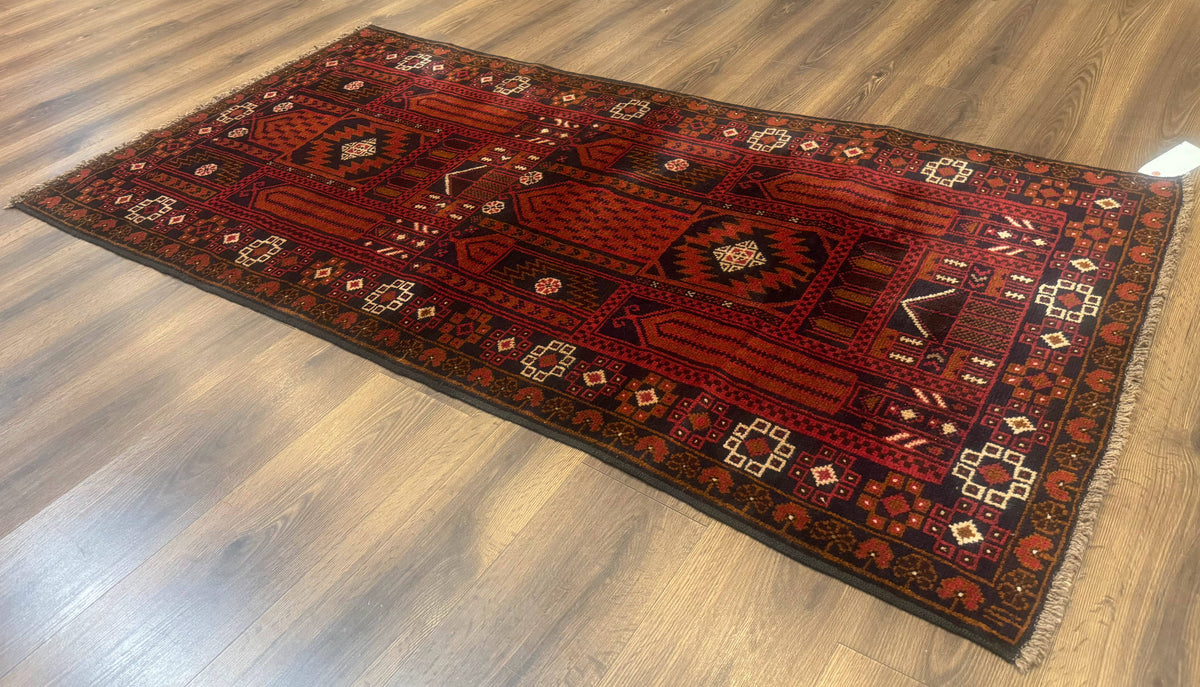 Afghan Rug 3x7, Balouch Carpet, Tribal Rug, Red, New