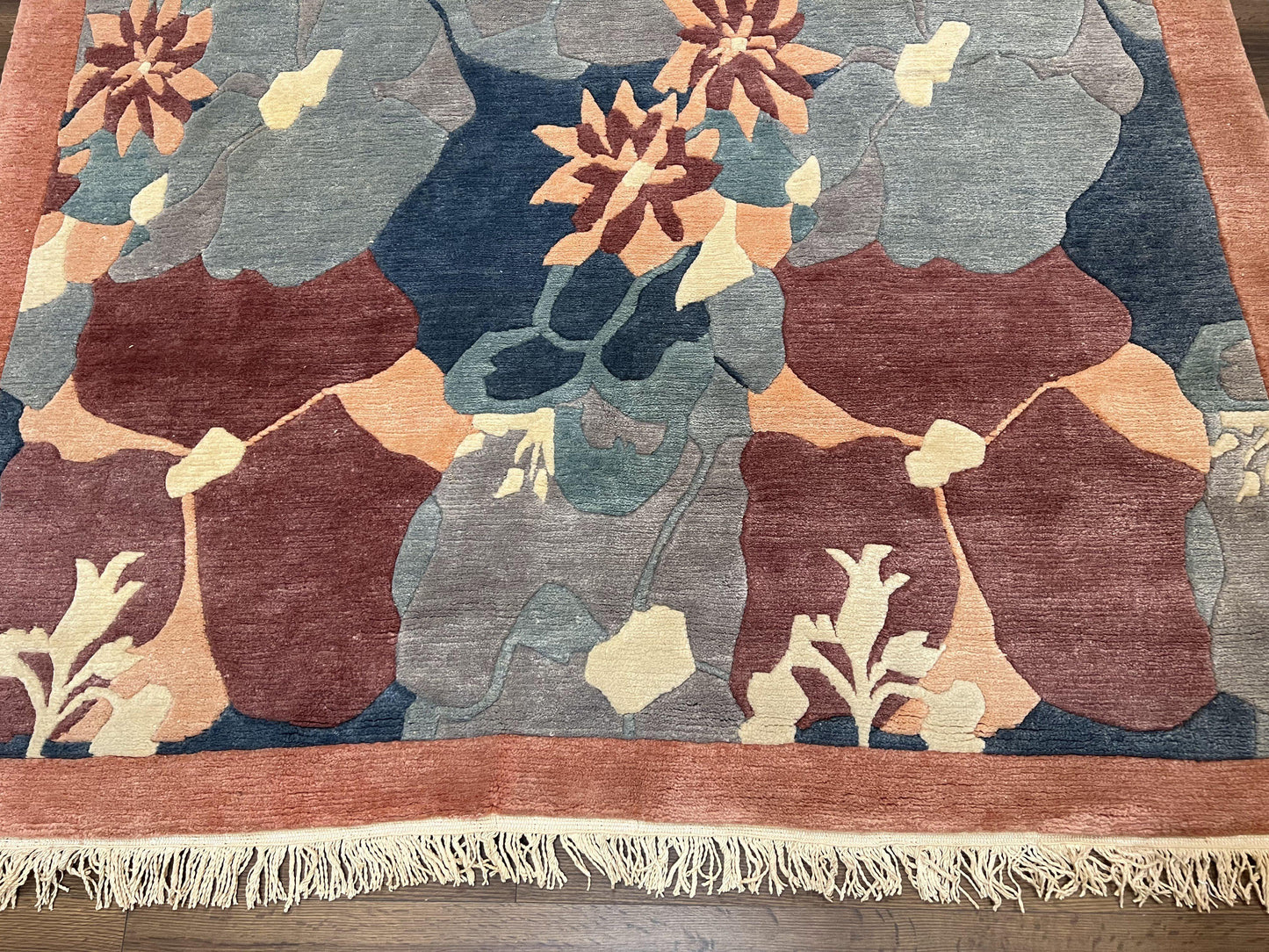 Modern Tibetan Rug 5.7 x 7.9, Abstract Multicolor Flower Pattern, Navy Blue Maroon Salmon, Soft Wool, Hand Knotted Contemporary Carpet 6x8 - Nuvé