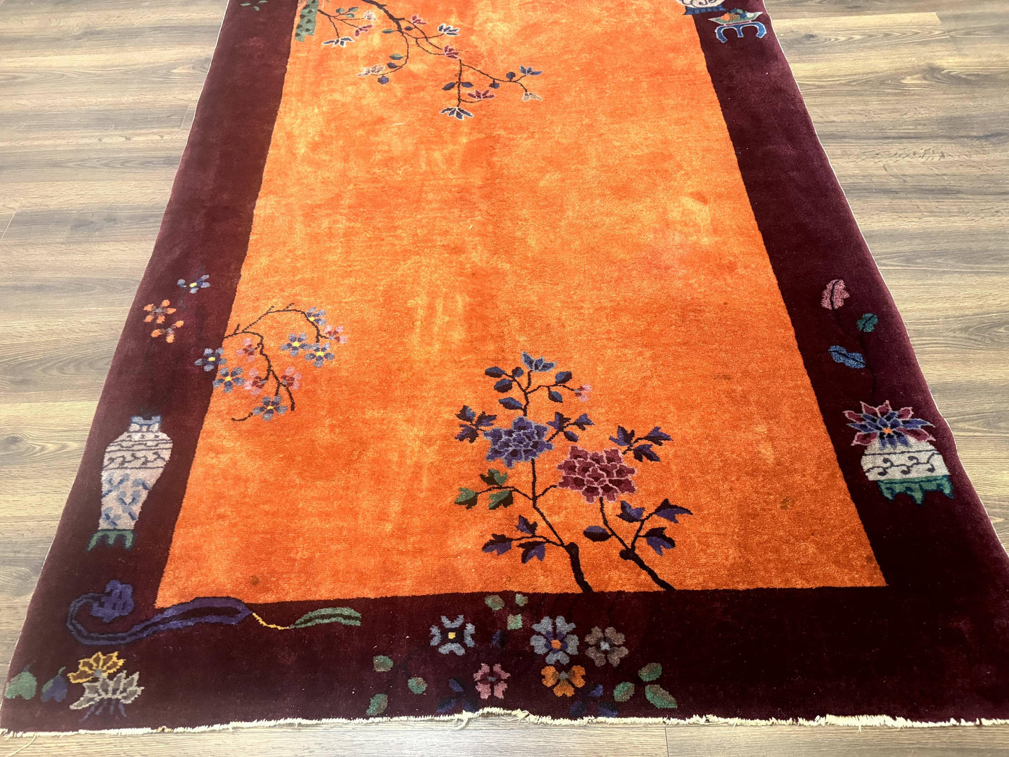 Chinese Art Deco Rug 5x8, Antique Chinese Wool Rug, Nichols Rug, Rare Chinese Carpet, Orange and Purple-Maroon - Nuvé