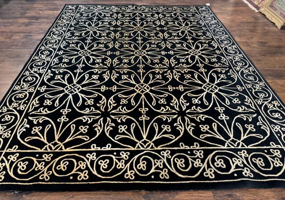 Tibetan Rug 8x10, Wool and Silk, Raised Pattern, Black and Gold, Floral - Nuvé