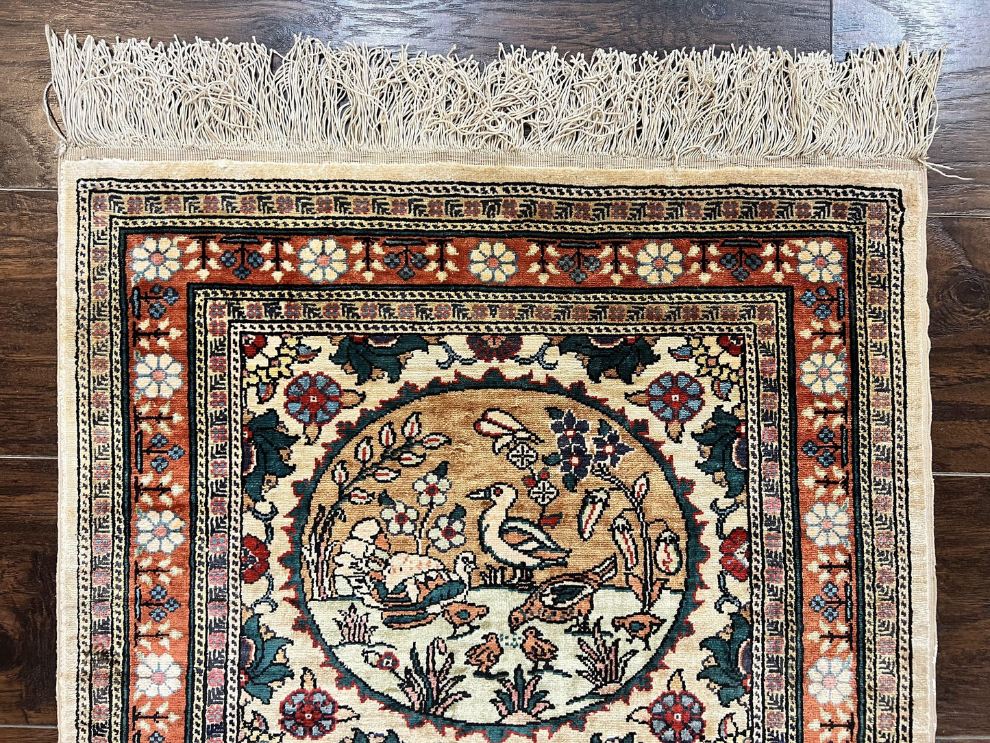 Silk Turkish Rug 2x4, Fine Handmade Oriental Rug, Animal Pictorial Birds Silk Pile on Silk Foundation Vintage Hand Knotted Hereke Carpet - Nuvé