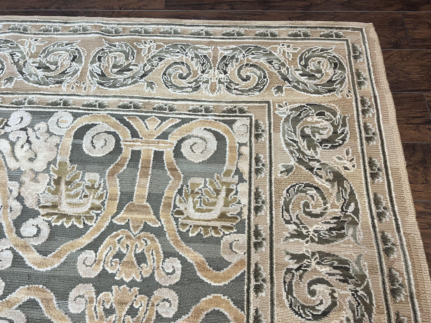 Spanish Rug 11x14, Wool Hand Knotted Vintage Carpet, Olive Green and Beige, Floral Allover, European Design, 11 x 14 Rug - Nuvé