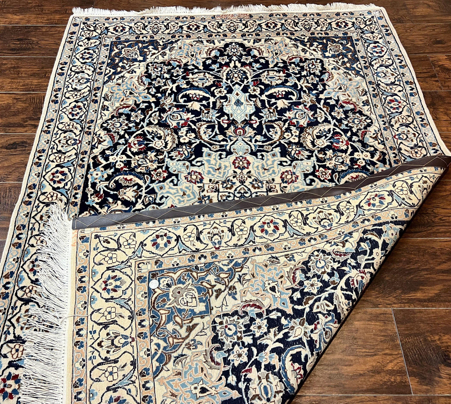 Persian Nain Rug 4x6, Floral, Hand Knotted Vintage Wool & Silk Highlights, Signature from Masterweaver, Navy Blue and Ivory - Nuvé