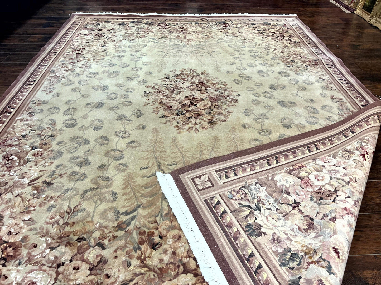 Aubusson Wool Rug 9x11, Wool with Silk Highlights, European Design, Vintage, Handmade, Floral, Fine 210 KPSI - Nuvé