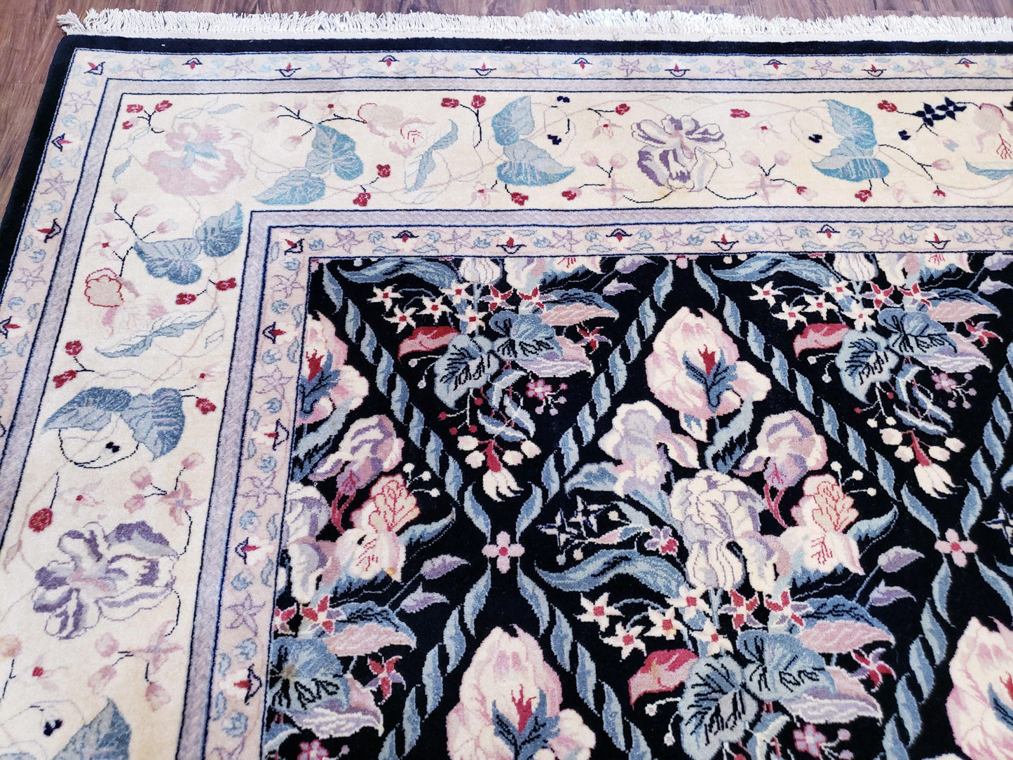 Black Kirman Rug, 8x11 - 9x12 Rug, Sino-Persian Rug, Floral Oriental Carpet, Handmade Rug, Black and Ivory Rug, Room Sized Area Rug, Wool - Nuvé