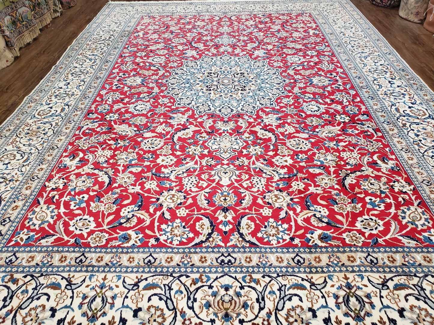 Persian Nain Rug 8x12, Red and Ivory, Signed - Nuvé