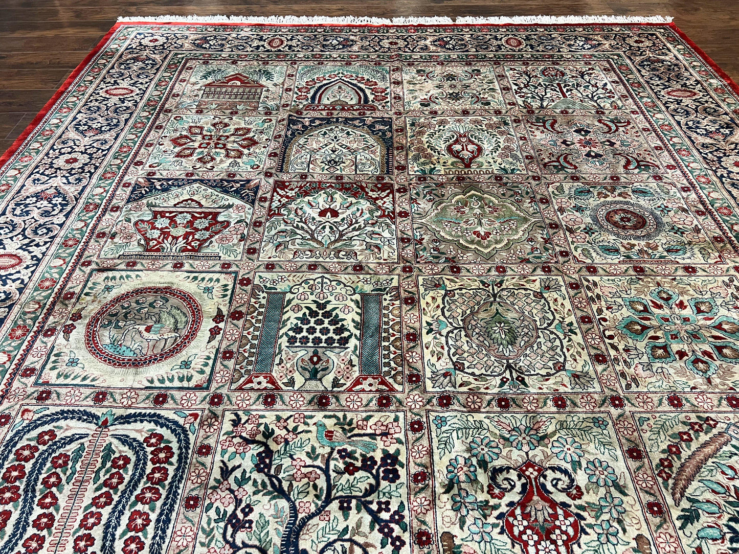 Silk Sino Persian Rug 9x12, Panel Design, Garden of Eden Pattern, Fine 200 KPSI, Hand Knotted Room Sized Silk Carpet, Vintage - Nuvé