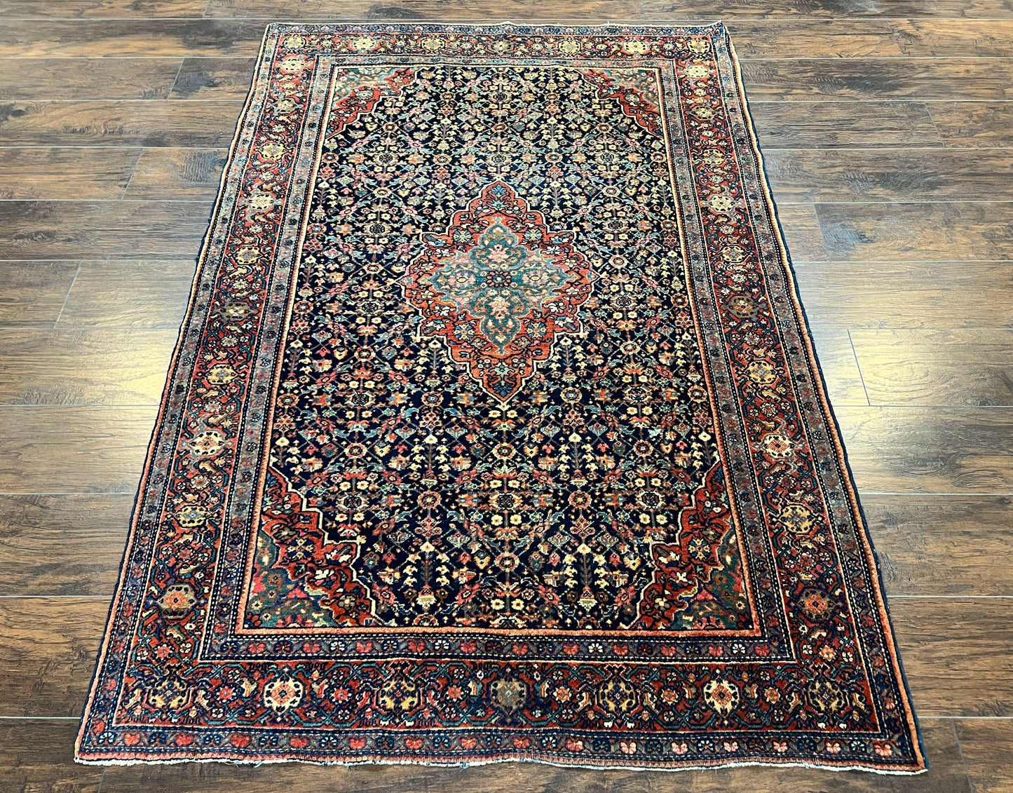 Persian Rug 4x7 Antique Sarouk Farahan Carpet, Navy Blue and Red Wool Rug - Nuvé