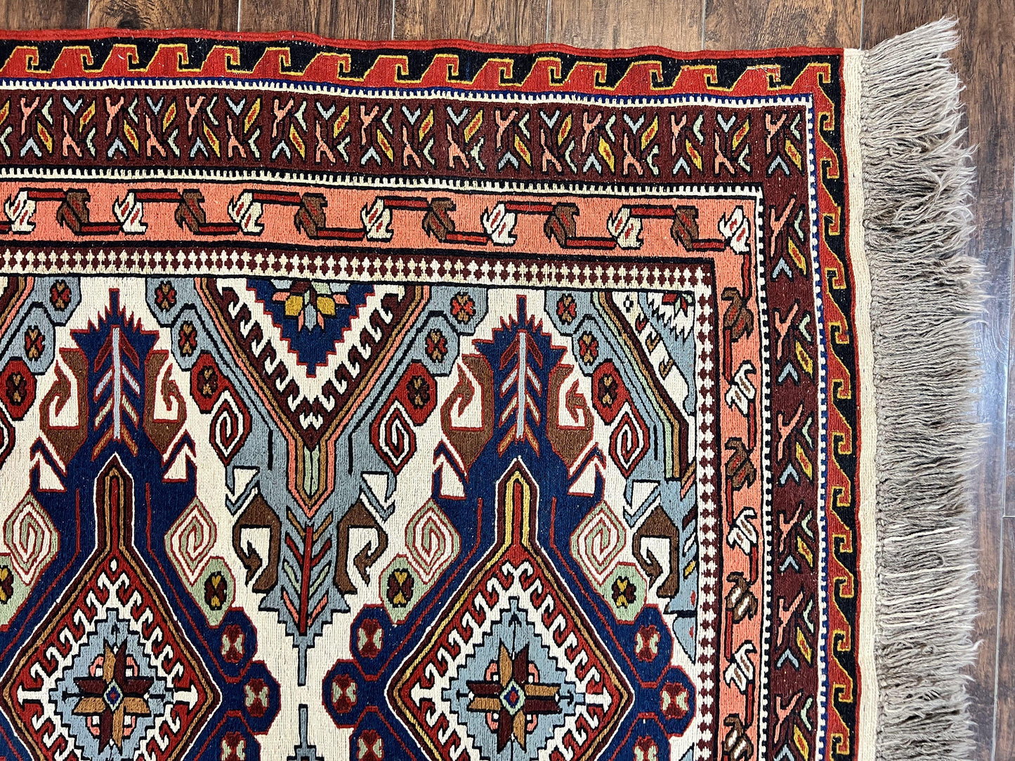 Russian Soumak Rug 6x8, Wool Handmade Antique Kilim Carpet, Multicolor 6 x 8 Geometric Medallions Caucasian Rug, Medium Size - Nuvé