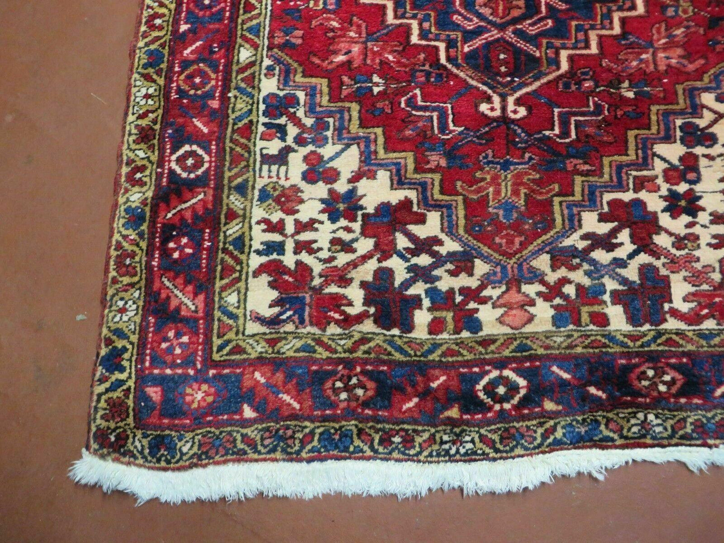 Persian Runner Rug, Heriz Runner Rug, Geometric Medallions, Red Cream Navy Blue Wool Hallway Rug 3.9 x 10.8 Antique Oriental Runner Handmade - Nuvé