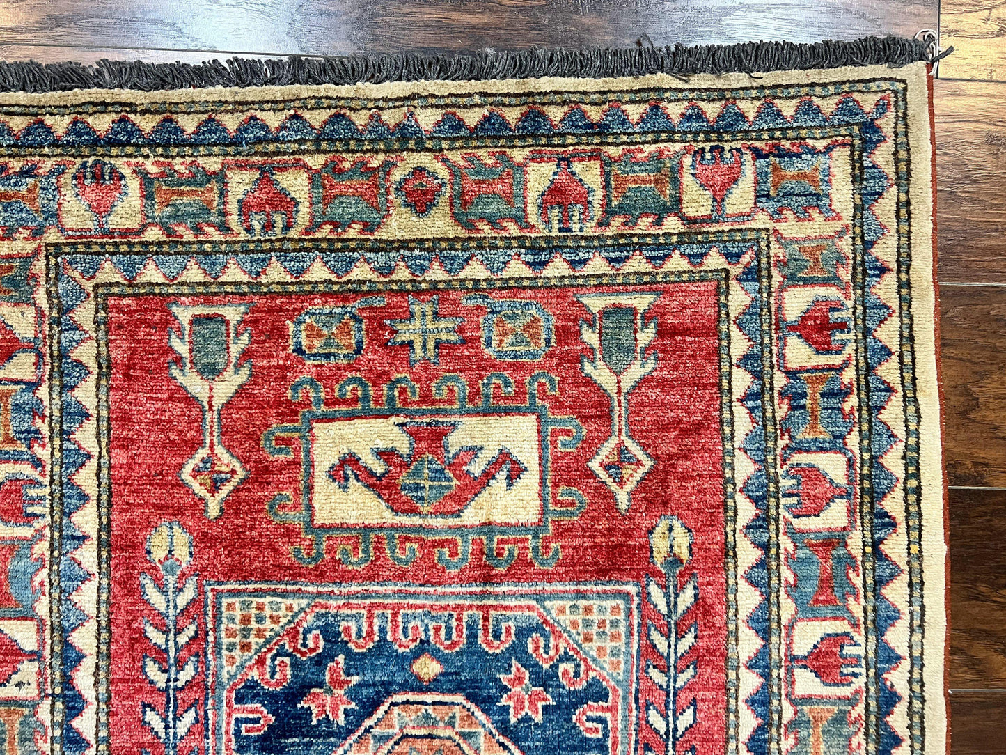 Turkish Kazak Rug 3x4, Wool Hand Knotted Small Vintage Carpet, Red Navy Blue, 3 x 4 Oriental Rug, Geometric Design - Nuvé