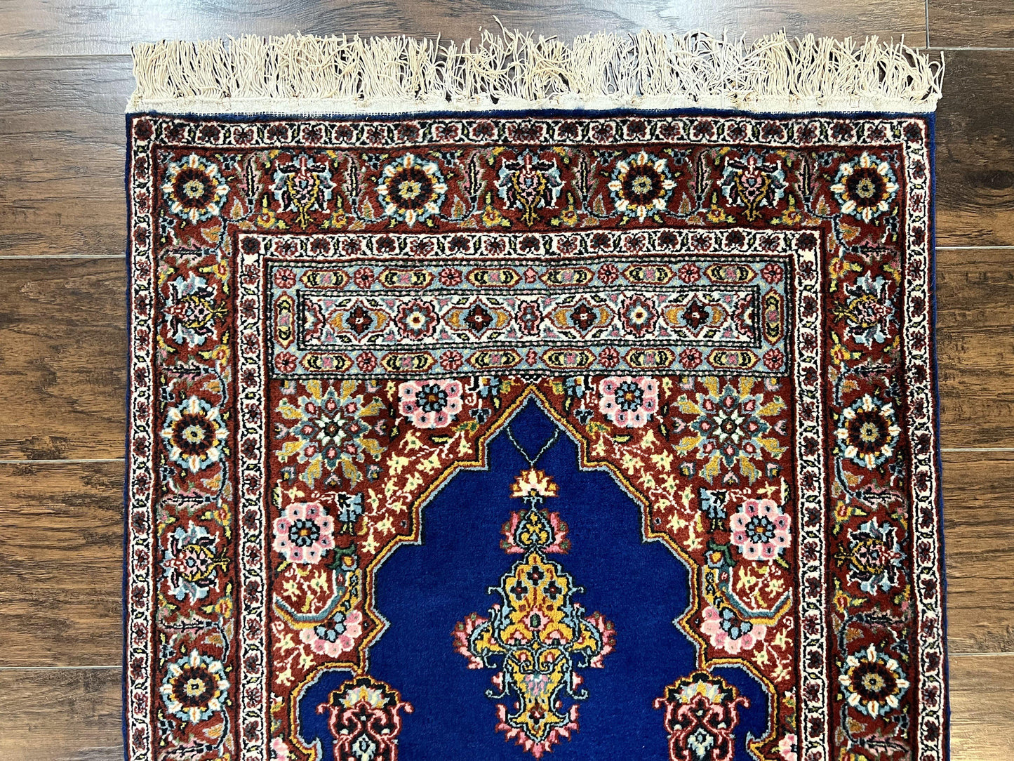 Indo Persian Prayer Rug 3x5, Fine Oriental Carpet, Dark Blue and Red, Vintage Hand Knotted Handmade Prayer Rug - Nuvé