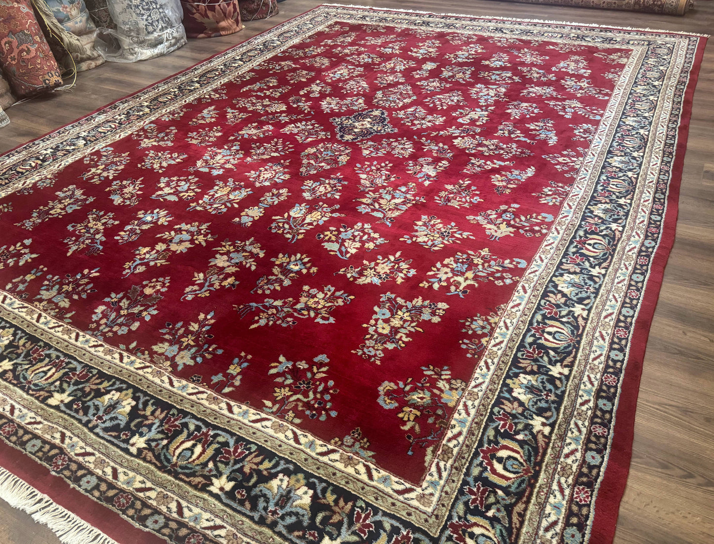 Indo Persian Sarouk Rug 10x14, Large Red and Navy Blue Carpet, Traditional Floral Wool Rug - Nuvé