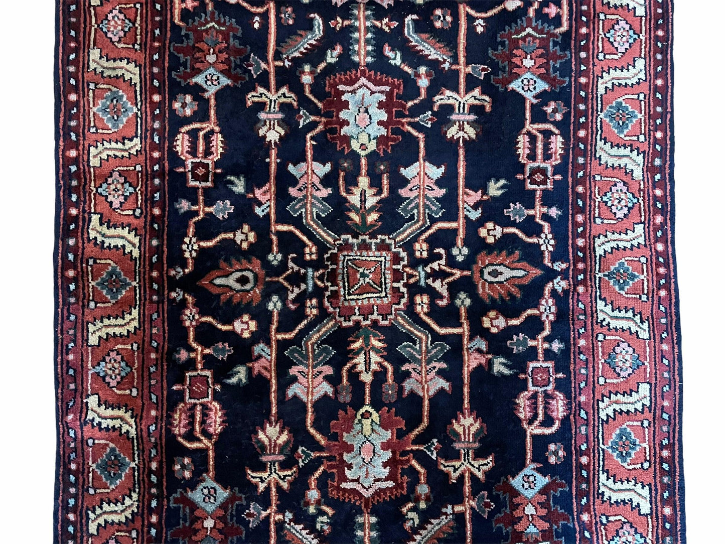 4x6 Vintage Handmade Wool Geometric Rug Organic Dyes Blue Red Hand-Knotted Rug - Nuvé