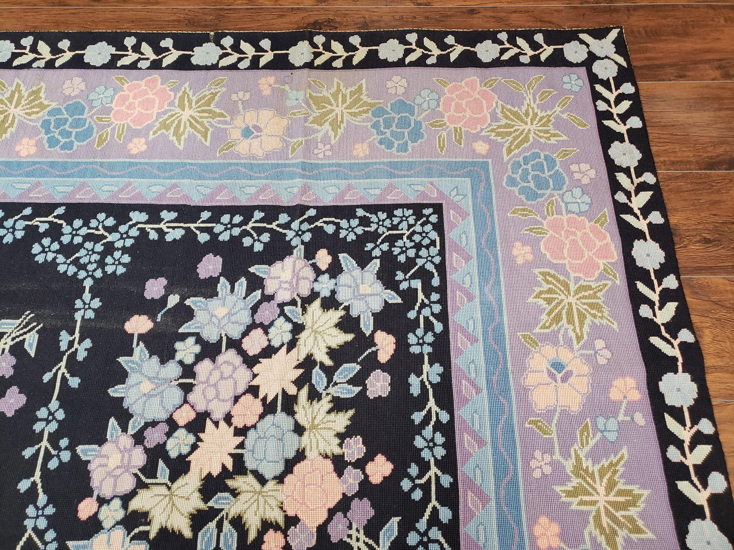 Chinese Needlepoint Rug 8 x 11.4, Hand-Woven Area Carpet, Flatweave Rug, Black Blue Light Violet Floral Garden European Design Wool Aubusson - Nuvé