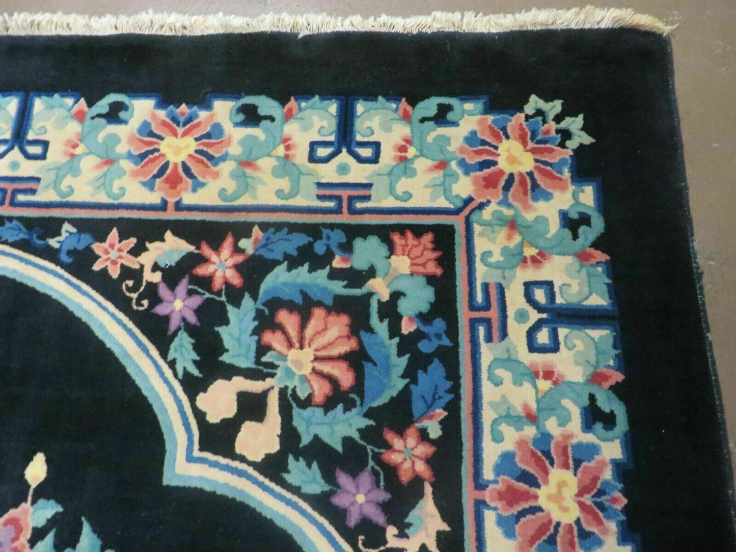 8' x 10' Vintage Handmade Art Deco Plush Chinese Wool Rug center Flower Black - Nuvé