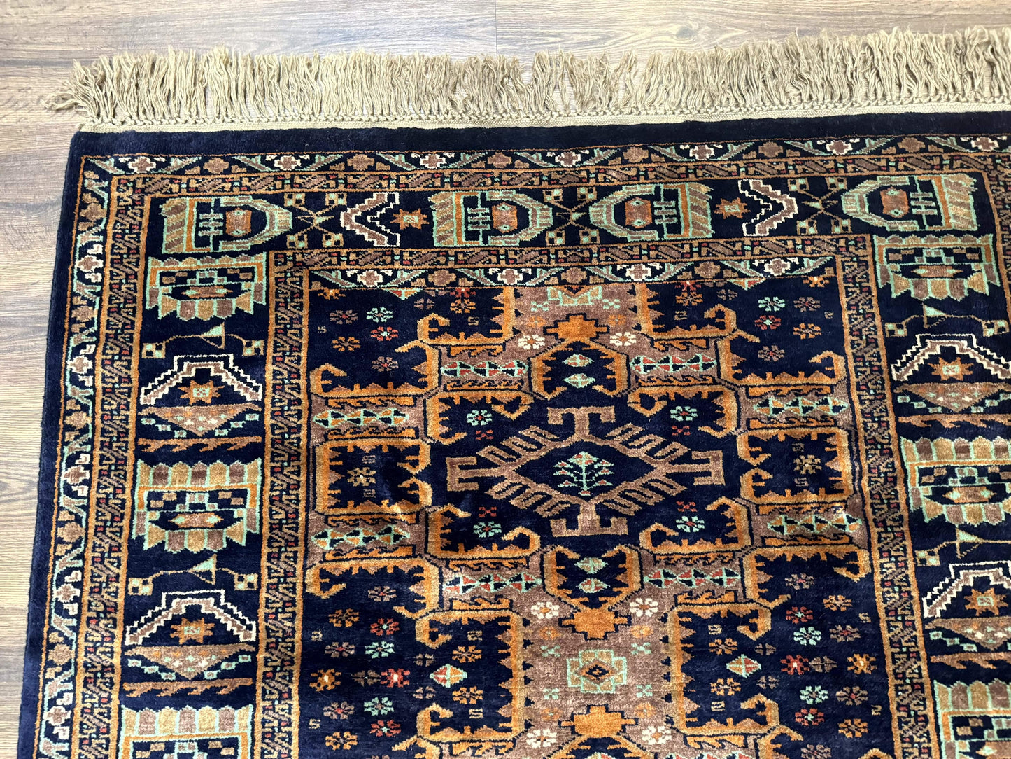 Vintage Afghan Rug 4x6, Navy Blue and Light Brown, Geometric Medallions, Wool on Wool, Tribal Rug - Nuvé